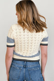 Steve Madden Clothing Fiona Sweater Cardigan Style SA11068 in BLue; Blue Striped Ivory Pointelle Button Front Spring Cardigan