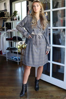 Steve Madden Clothing Shinely Trench Style BN300636BNPM in Brown Plaid Mix;Mixed Plaid Trench Coat;Steve Madden Mixed Plaid Trench; 