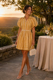Steve Madden Daisy Dress Style XXQ108774 in Vintage Gold. Golden Yellow Puff Short Sleeve Embroidered Floral Belted Summer Mini Dress.