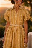 Steve Madden Daisy Dress Style XXQ108774 in Vintage Gold. Golden Yellow Puff Short Sleeve Embroidered Floral Belted Summer Mini Dress.