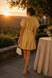 Steve Madden Daisy Dress Style XXQ108774 in Vintage Gold. Golden Yellow Puff Short Sleeve Embroidered Floral Belted Summer Mini Dress.