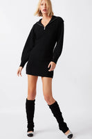 Steve Madden Rowena Dress Style BM408396BLCK in Black;black sweater dress;Half Zip wide collar sweater dress; 