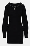 Steve Madden Rowena Dress Style BM408396BLCK in Black;black sweater dress;Half Zip wide collar sweater dress; 