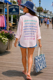 surf gypsy cover up shirt, Women's pink cover up shirt with coastal graphic print, oversized vacation shirt for beach and resort wear