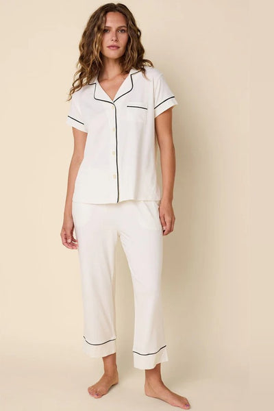 The Cats Pajamas Classic Pima Knit Capri Style 225-858-IV in Ivory with Black Piping; Women's Cotton PJ Set