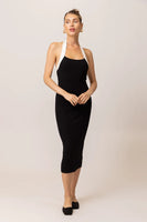 The Line and Dot Clothing Khol Dress Style LD5863L in Black with White; Black Knit Dress;  Halter Neck Knit Midi Dress; Spring/Summer Guest Of Dress; Date Night Dress; Bodycon Knit Dress