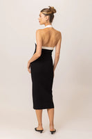 The Line and Dot Clothing Khol Dress Style LD5863L in Black with White; Black Knit Dress;  Halter Neck Knit Midi Dress; Spring/Summer Guest Of Dress; Date Night Dress; Bodycon Knit Dress