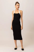 The Line and Dot Clothing Khol Dress Style LD5863L in Black with White; Black Knit Dress;  Halter Neck Knit Midi Dress; Spring/Summer Guest Of Dress; Date Night Dress; Bodycon Knit Dress