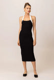 The Line and Dot Clothing Khol Dress Style LD5863L in Black with White; Black Knit Dress;  Halter Neck Knit Midi Dress; Spring/Summer Guest Of Dress; Date Night Dress; Bodycon Knit Dress