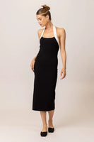 The Line and Dot Clothing Khol Dress Style LD5863L in Black with White; Black Knit Dress;  Halter Neck Knit Midi Dress; Spring/Summer Guest Of Dress; Date Night Dress; Bodycon Knit Dress