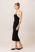 The Line and Dot Clothing Khol Dress Style LD5863L in Black with White; Black Knit Dress;  Halter Neck Knit Midi Dress; Spring/Summer Guest Of Dress; Date Night Dress; Bodycon Knit Dress; Black Dress