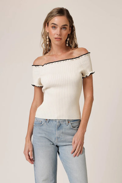 The Line and Dot Clothing Reonny Off The Shoulder Top Style LT5784L in Cream with Black; White Ribbed Off The Shoulder Top with Black Trim; Spring SUmmer Ribbed Off The Shoulder Top