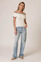 The Line and Dot Clothing Reonny Off The Shoulder Top Style LT5784L in Cream with Black; White Ribbed Off The Shoulder Top with Black Trim; Spring SUmmer Ribbed Off The Shoulder Top