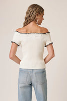 The Line and Dot Clothing Reonny Off The Shoulder Top Style LT5784L in Cream with Black; White Ribbed Off The Shoulder Top with Black Trim; Spring SUmmer Ribbed Off The Shoulder Top