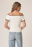 The Line and Dot Clothing Reonny Off The Shoulder Top Style LT5784L in Cream with Black; White Ribbed Off The Shoulder Top with Black Trim; Spring SUmmer Ribbed Off The Shoulder Top