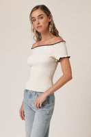 The Line and Dot Clothing Reonny Off The Shoulder Top Style LT5784L in Cream with Black; White Ribbed Off The Shoulder Top with Black Trim; Spring SUmmer Ribbed Off The Shoulder Top
