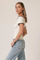 The Line and Dot Clothing Reonny Off The Shoulder Top Style LT5784L in Cream with Black; White Ribbed Off The Shoulder Top with Black Trim; Spring SUmmer Ribbed Off The Shoulder Top