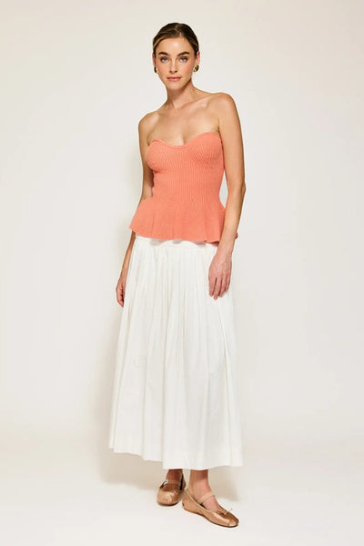 The Line and Dot Clothing Saffy Peplum Top Style LT4657B in Coral; Knit Corset Style Strapless Top; Summer Strapless Top