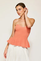 The Line and Dot Clothing Saffy Peplum Top Style LT4657B in Coral; Knit Corset Style Strapless Top; Summer Strapless Top