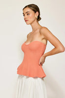 The Line and Dot Clothing Saffy Peplum Top Style LT4657B in Coral; Knit Corset Style Strapless Top; Summer Strapless Top