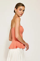The Line and Dot Clothing Saffy Peplum Top Style LT4657B in Coral; Knit Corset Style Strapless Top; Summer Strapless Top