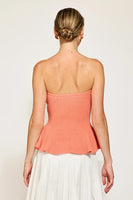 The Line and Dot Clothing Saffy Peplum Top Style LT4657B in Coral; Knit Corset Style Strapless Top; Summer Strapless Top