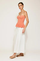 The Line and Dot Clothing Saffy Peplum Top Style LT4657B in Coral; Knit Corset Style Strapless Top; Summer Strapless Top