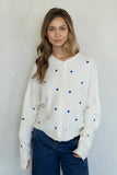 Things Between Clothing Piper Cardigan Style TBW13321 in Ivory, White Button Front Relaxed Fit Cardigan with little blue hearts