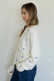 Things Between Clothing Piper Cardigan Style TBW13321 in Ivory, White Button Front Relaxed Fit Cardigan with little blue hearts