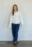 Things Between Clothing Piper Cardigan Style TBW13321 in Ivory, White Button Front Relaxed Fit Cardigan with little blue hearts