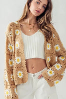 Urban Daizy Cher Daisy Pattern Knit Corchet Cardigan Sweater Style UDSTA1639-R in Taupe;Crochet Floral Cardigan; 