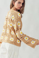Urban Daizy Cher Daisy Pattern Knit Corchet Cardigan Sweater Style UDSTA1639-R in Taupe;Crochet Floral Cardigan; 