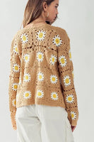 Urban Daizy Cher Daisy Pattern Knit Corchet Cardigan Sweater Style UDSTA1639-R in Taupe;Crochet Floral Cardigan; 