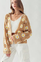 Urban Daizy Cher Daisy Pattern Knit Corchet Cardigan Sweater Style UDSTA1639-R in Taupe;Crochet Floral Cardigan; 