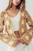 Urban Daizy Cher Daisy Pattern Knit Corchet Cardigan Sweater Style UDSTA1639-R in Taupe;Crochet Floral Cardigan; 