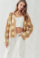 Urban Daizy Cher Daisy Pattern Knit Corchet Cardigan Sweater Style UDSTA1639-R in Taupe;Crochet Floral Cardigan; 