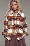 Urban Daizy Clothing Plaid Button-Down Jacket Style UD80115JH in Clay Plaid;Plaid Shirt Jacket;Plaid Fall Shacket; 