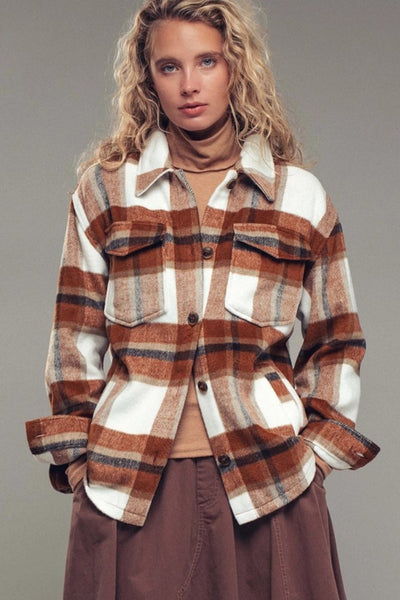 Urban Daizy Clothing Plaid Button-Down Jacket Style UD80115JH in Clay Plaid;Plaid Shirt Jacket;Plaid Fall Shacket; 