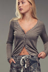 Urban Daizy Lace Trim Button-Front Ribbed Knit Top Style 0203-2932 in Grey; Lace Trim Button Front Ribbed Knit Top