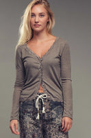 Urban Daizy Lace Trim Button-Front Ribbed Knit Top Style 0203-2932 in Grey; Lace Trim Button Front Ribbed Knit Top