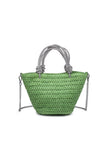 Urban Expressions Gaia Tote in Pistachio. Crystal Knotted dual handle pistachio green woven straw spring/summer event handle bag with a crossbody chain strap.