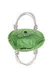 Urban Expressions Gaia Tote in Pistachio. Crystal Knotted dual handle pistachio green woven straw spring/summer event handle bag with a crossbody chain strap.