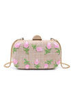 Urban Expressions Kayden Evening Bag Style 62440 in Pink-Natural. Woven texture with raised floral embroidery spring summer even clutch with added chain crossbody strap