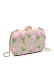 Urban Expressions Kayden Evening Bag Style 62440 in Pink-Natural. Woven texture with raised floral embroidery spring summer even clutch with added chain crossbody strap