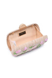 Urban Expressions Kayden Evening Bag Style 62440 in Pink-Natural. Woven texture with raised floral embroidery spring summer even clutch with added chain crossbody strap