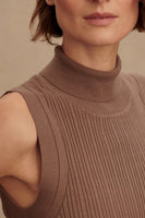 Varley Clothing Anastasia Rib Knit Tank Style VAR02749 ASTA in ASh Taupe; Brown Ribbed Sleeveless Fall Roll Neck Turtle Neck Top