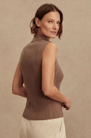 Varley Clothing Anastasia Rib Knit Tank Style VAR02749 ASTA in ASh Taupe; Brown Ribbed Sleeveless Fall Roll Neck Turtle Neck Top