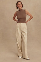Varley Clothing Anastasia Rib Knit Tank Style VAR02749 ASTA in ASh Taupe; Brown Ribbed Sleeveless Fall Roll Neck Turtle Neck Top