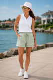 Varley Clothing Barnes High-Rise Short 4.5 style VAR02613 in Aqua Foam. Women's aqua green with contrast piping elevated tie waist leisure shorts.