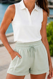 Varley Clothing Barnes High-Rise Short 4.5 style VAR02613 in Aqua Foam. Women's aqua green with contrast piping elevated tie waist leisure shorts.